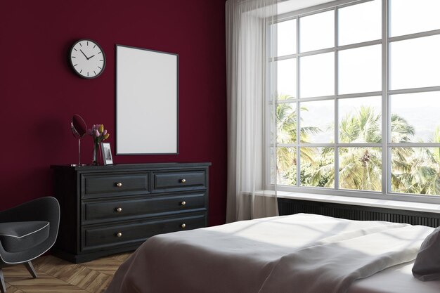 Dunkelrote Schlafzimmerecke mit einem weißen Bett, einer Schublade und einem darüber hängenden gerahmten vertikalen Poster. 3D-Rendering-Attrappe