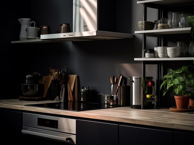 Dunkelschwarze Küche mit luxuriösem Flair, AI Generated