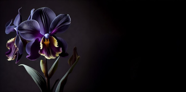 Dunkelviolette Orchideenblüte auf schwarzem Hintergrund