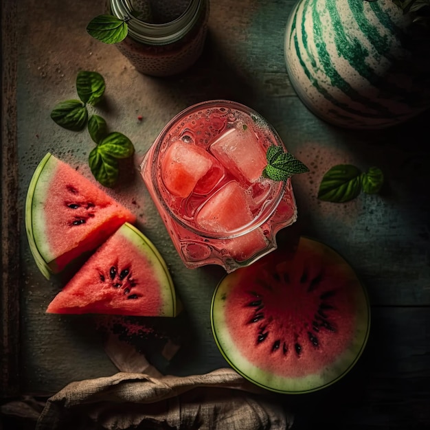 Dunkle Draufsicht auf frisch gepressten Saft aus einer Wassermelone in GläsernGesunde Ernährung KI generiert