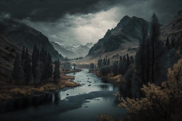 Dunkle düstere Landschaft mit Taldunst über dem Fluss im Herbst
