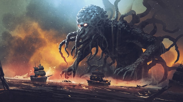Dunkle Fantasy-Szene, die Cthulhu das riesige Seeungeheuer zeigt, das Schiffe zerstört, digitaler Kunststil, Illustrationsmalerei