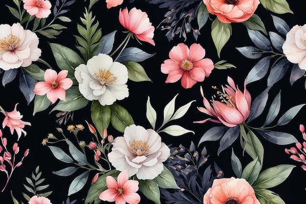 Dunkle florale Eleganz, nahtloses Aquarellmuster für Textilien, Innenräume und Tapeten
