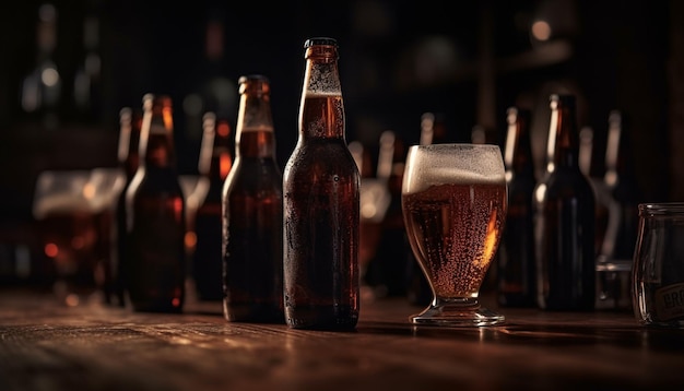 Dunkle Flüssigkeit in einer Bierflasche auf einem Tisch in einer Bar, die von künstlicher Intelligenz erzeugt wurde