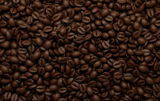 Dunkle frisch geröstete Kaffeebohnen 3D-Rendering-Hintergrund Draufsicht Massen von Kaffeebohnen