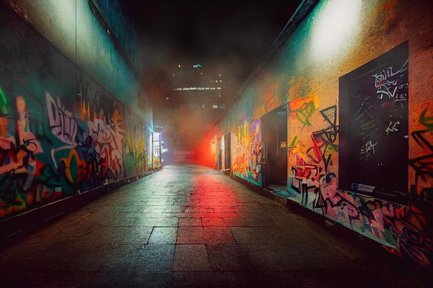 Dunkle futuristische Cyberpunk-Stadtstraße mit Graffiti in der Nacht Städtische Nachtstadt Dystopia Street Art Abstrakter Luftspray Vandalismus Hintergrund 3D-Illustration