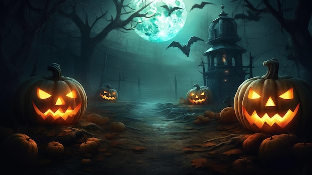 Dunkle, geheimnisvolle Halloween-Landschaft mit gruseligen Kürbislaternen und Fledermäusen, die unter Vollmond fliegen