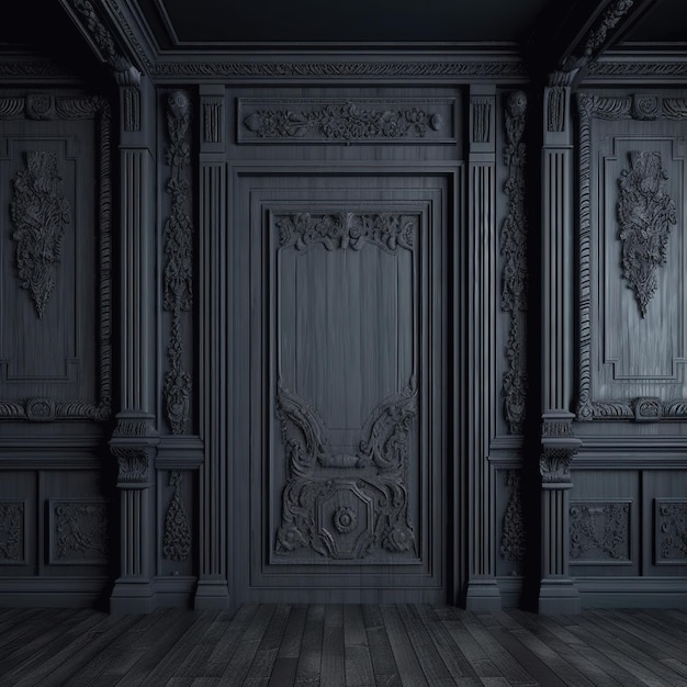 Dunkle Innenwand mit Holzformen und Holzschnitzereien Alter klassischer viktorianischer Innenstil Generiert Ai