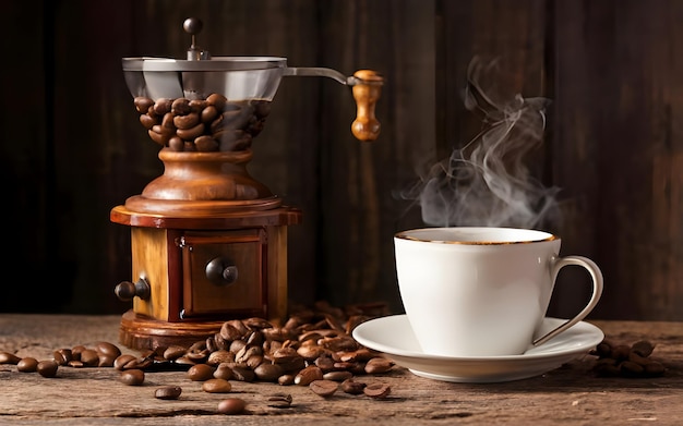 Foto dunkle kaffeebohnen, kaffeekuppe und kaffeemaschine auf einem dunkelbraunen tisch