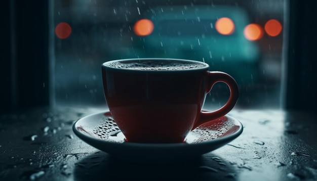 Dunkle Kaffeetasse auf dem Tisch, eine Nahaufnahme von schäumigem Latte, erzeugt von künstlicher Intelligenz