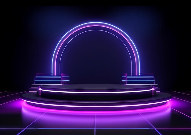 Dunkle kinematografische runde Podestbühne für die Produktpräsentation in lila-schwarzer Neonfarbe