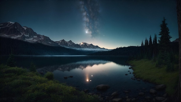 Dunkle Landschaft, Bäume, Sternen, Nacht, Sterne, Galaxien am Himmel