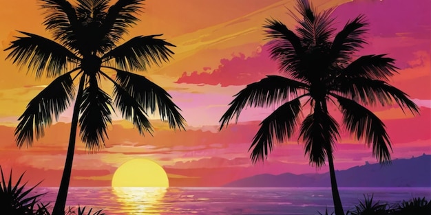 Dunkle Palmen-Silhouetten auf farbenfrohen tropischen Sonnenuntergängen im Hintergrund Vektor-Illustration