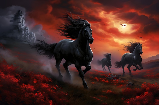 Dunkle Pferde rennen in einem düsteren roten Blumenfeld vor dem Schloss mit dramatischen Wolken