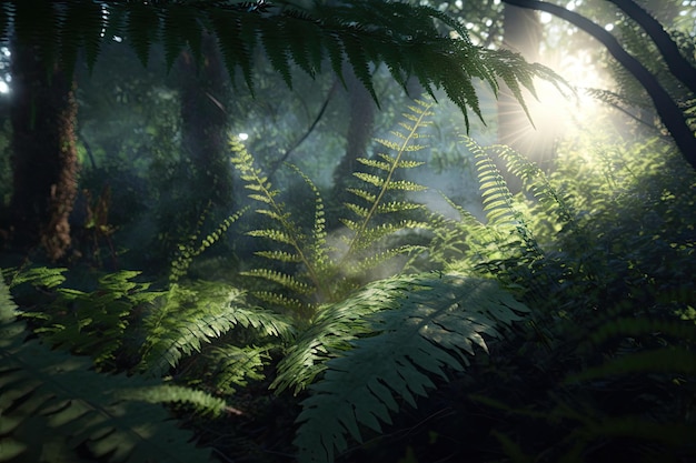 Dunkle Regenwaldsonne strahlt durch Bäume mit dichtem Nebel, digitale Illustration AI generiert