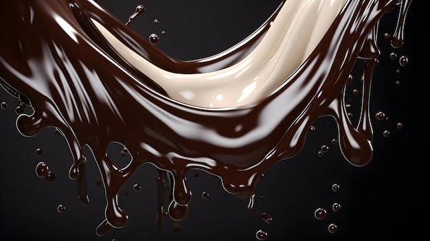 Dunkle Schokoladensauce und Milchfluss mit Tropfen 3D