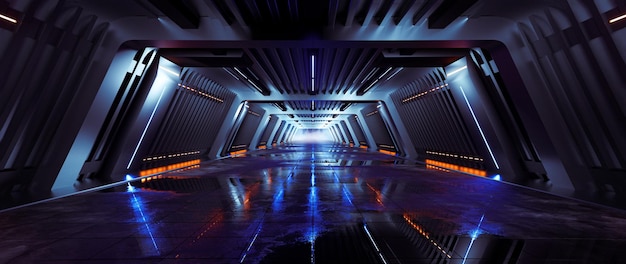 Foto dunkle scifi futuristische blaue und orangefarbene neonlichter cyber tunnel hintergrund 3d-illustration