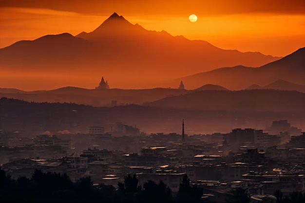 Dunkle Silhouette der östlichen Stadt vor dem Hintergrund der Berge bei Sonnenuntergang