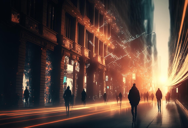 Dunkle Silhouetten von Menschen regen Reflexionen im nassen Asphalt Nachtstadtstraße beleuchtet von Neonlicht 3D-Rendering AI generiert