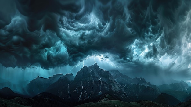 Dunkle Sturmwolken über den majestätischen Bergen und Blitze erleuchten den Horizont.