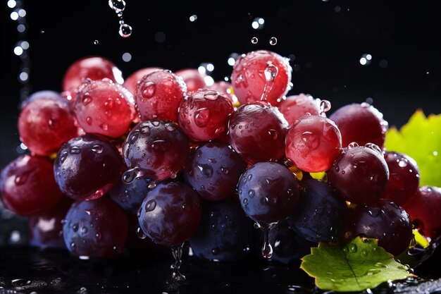 Foto dunkle trauben steigen mit rotwein und traubenblättern auf einem glänzenden dunklen hintergrund auf