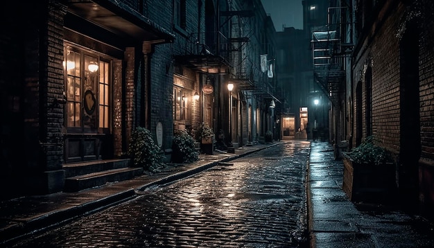 Dunkle und gruselige Vintage-Stadtgasse mit Kopfsteinpflaster in der Nacht in Chicago