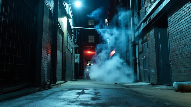 Dunkle und mysteriöse Gasse mit blauem Rauch