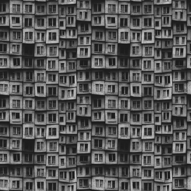 Dunkle und stimmungsvolle dystopische nahtlose Betonblockhäuser im sowjetischen Stil Schwarz und Weiß Wiederholt
