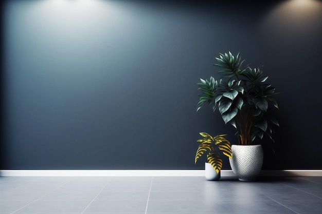 Dunkle Wand, leerer Raum mit Pflanzen auf dem Boden, 3D-Rendering im minimalistischen Stil