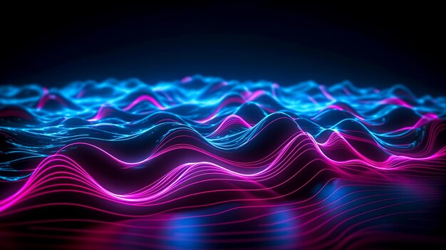 Dunkler abstrakter Hintergrund mit wellenförmigen leuchtenden Linien, generativer KI