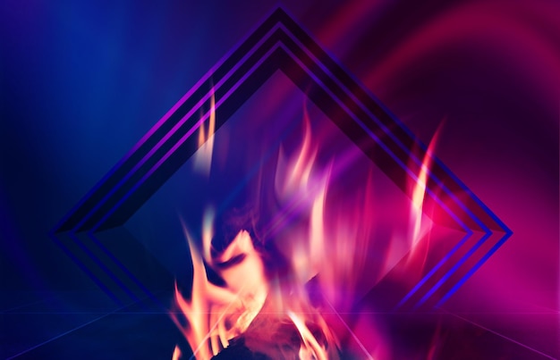 Foto dunkler abstrakter hintergrund neon geometrische 3d-figur in flammen uv-rauch 3d-illustration