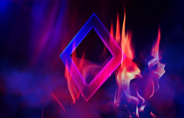 Dunkler abstrakter Hintergrund Neon geometrische 3D-Figur in Flammen UV-Rauch 3D-Illustration