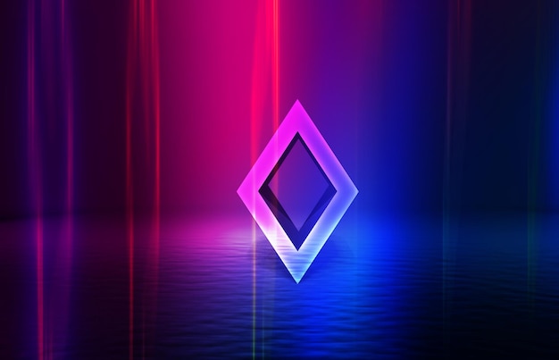 Foto dunkler abstrakter hintergrund neon geometrische 3d-rautenform uv-rauch 3d-darstellung