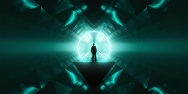 Dunkler abstrakter Sci-Fi-Dreieck-Hintergrund Mann steht