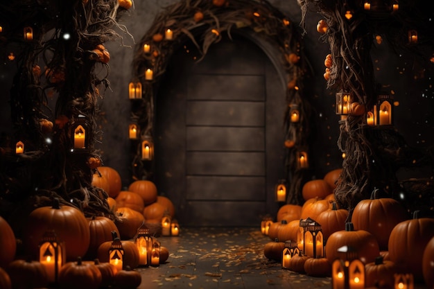 Dunkler beängstigender Halloween-Hintergrund mit orangefarbenen Kürbissen