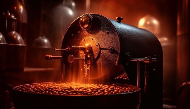 Dunkler Cappuccino aus einer metallischen Espressomaschine, erzeugt durch KI