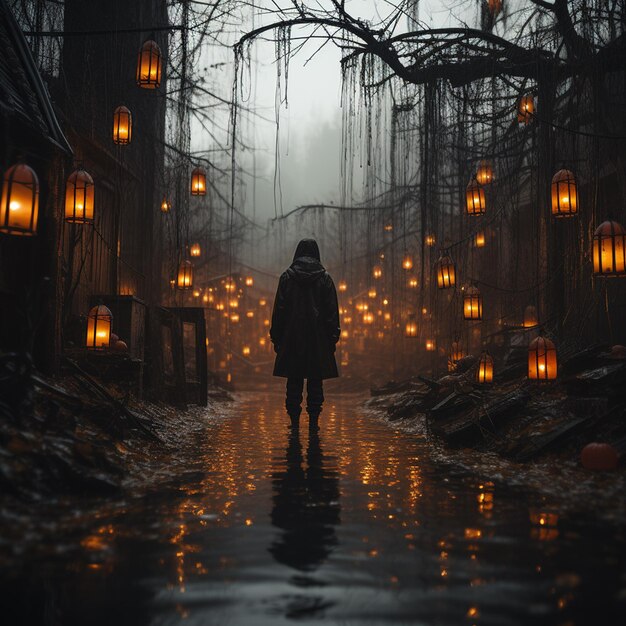 dunkler Fantasy-Halloween-Hintergrund, wandelnder menschlicher, gruseliger Wald