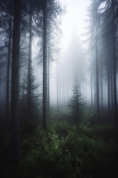 Dunkler Fichtenwald mit dichtem Nebel bedeckt