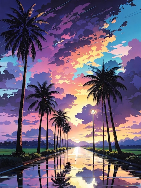 dunkler Himmel realistische Silhouette Palmen lebendige Farben Kontrast