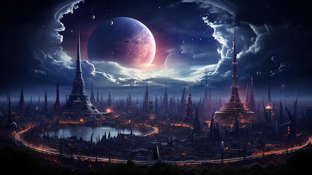 Dunkler Himmel und Mond über einem fiktiven Stadtbild für Urban Fantasy