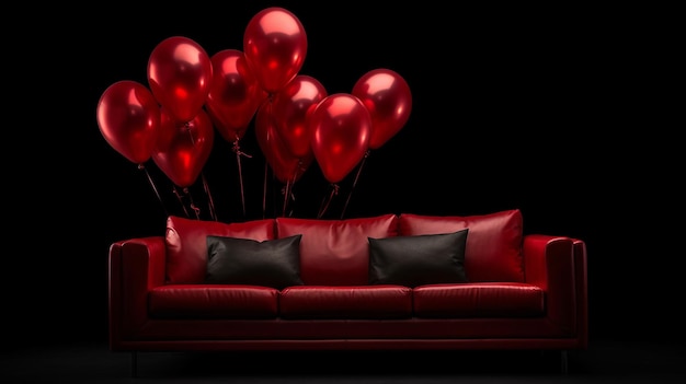 Dunkler Innenraum mit roten Luftballons und einer Sofa-Geburtstagsparty