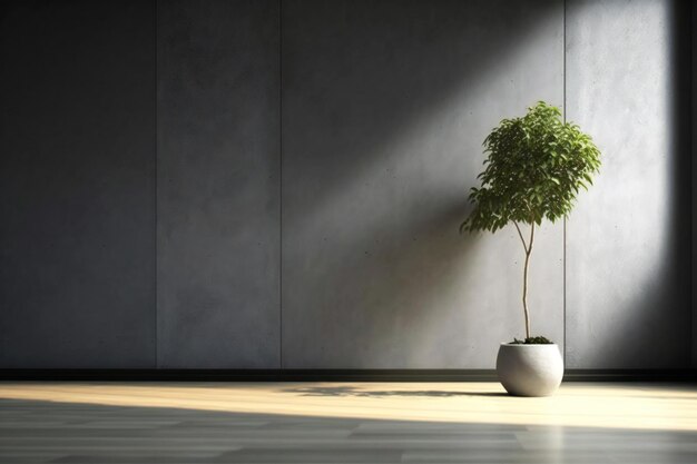 dunkler, leerer Raum mit Pflanze im Topf über Betonwand und Holzbodenhintergrund, 3D-Rendering in Mini
