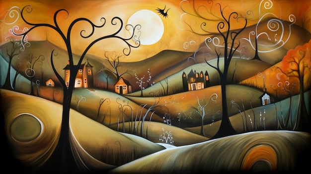 Dunkler märchenhafter Fantasy-Mystery-Wald Mystische Waldillustration im Cartoon-Stil Landschaft für Halloween-Hintergrund generative KI