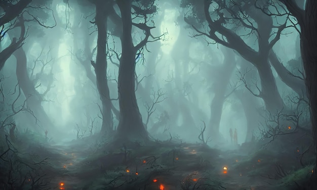 Dunkler mystischer Wald beängstigend geschwungene Bäume Morgennebel im dichten Wald Ein Pfad durch ein düsteres Waldgebiet 3D-Darstellung