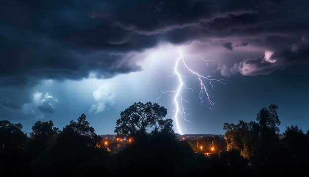 Foto dunkler nachthimmel gewitter, elektrizität, blitze, gruselige natur, energie, die durch künstliche intelligenz erzeugt wird.