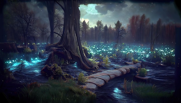 Dunkler Nachtwald mit einem magischen Portal zu einer fremden Welt mit grünem Gras und schwarzen Baumstämmen 3D-Illustration
