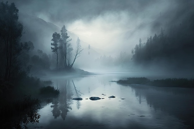 Dunkler Nebel über ruhigem Wasser von langsam fließendem Flussdunst über Fluss