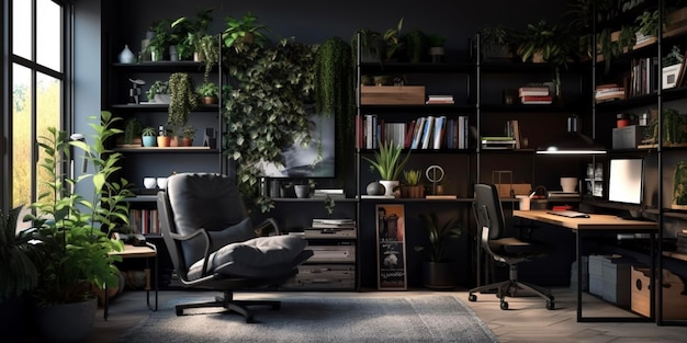 Dunkler offener Wohnzimmerinnenraum mit grauem Sessel mit Metallgestell und Pflanzen
