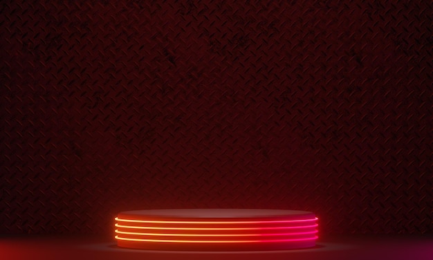 Dunkler podium display hintergrund neonlaser rot rosa licht mit heller streifenmetallwand im schwarzen thema. 3D-Darstellungswiedergabe.