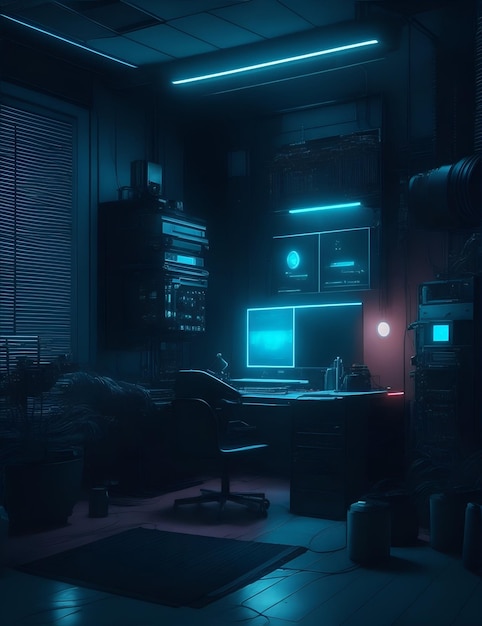 Dunkler Raum mit Filmstudio-Computern mit Scheinwerfern im Cyberpunk-Stil